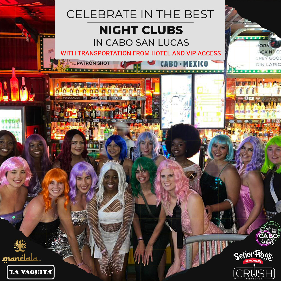 Group of friends enjoying the Party Hopper night tour in Cabo San Lucas with VIP transportation, open bar, and access to the best clubs in the city.